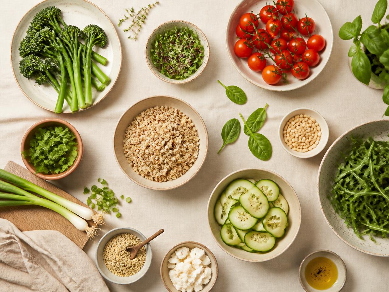 Fresh ingredients laid out on a cream linen surface